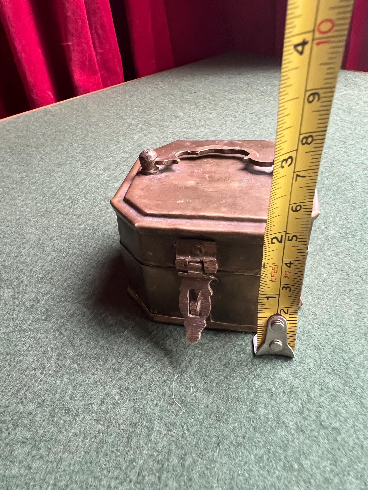 Antique Vintage brass octagonal lidded box. Great patina. Hinged trinket stash box with handle and clasp.