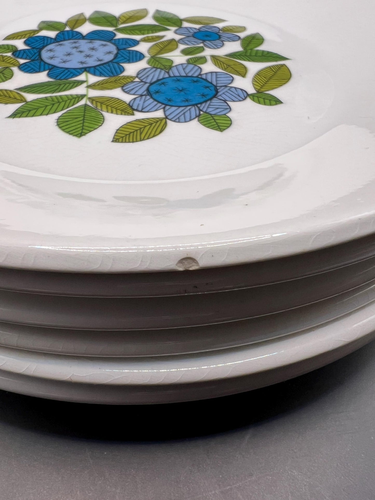 Set 6 side plates and cake sandwich plate. Topic pattern Stamped JG Meakin.