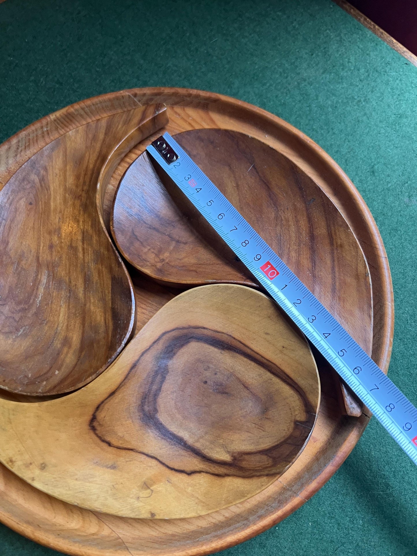 MCM wooden serving tray with 3 Yin Yang bowls. Monkey pod wooden trinket trays. Festive serving ware.