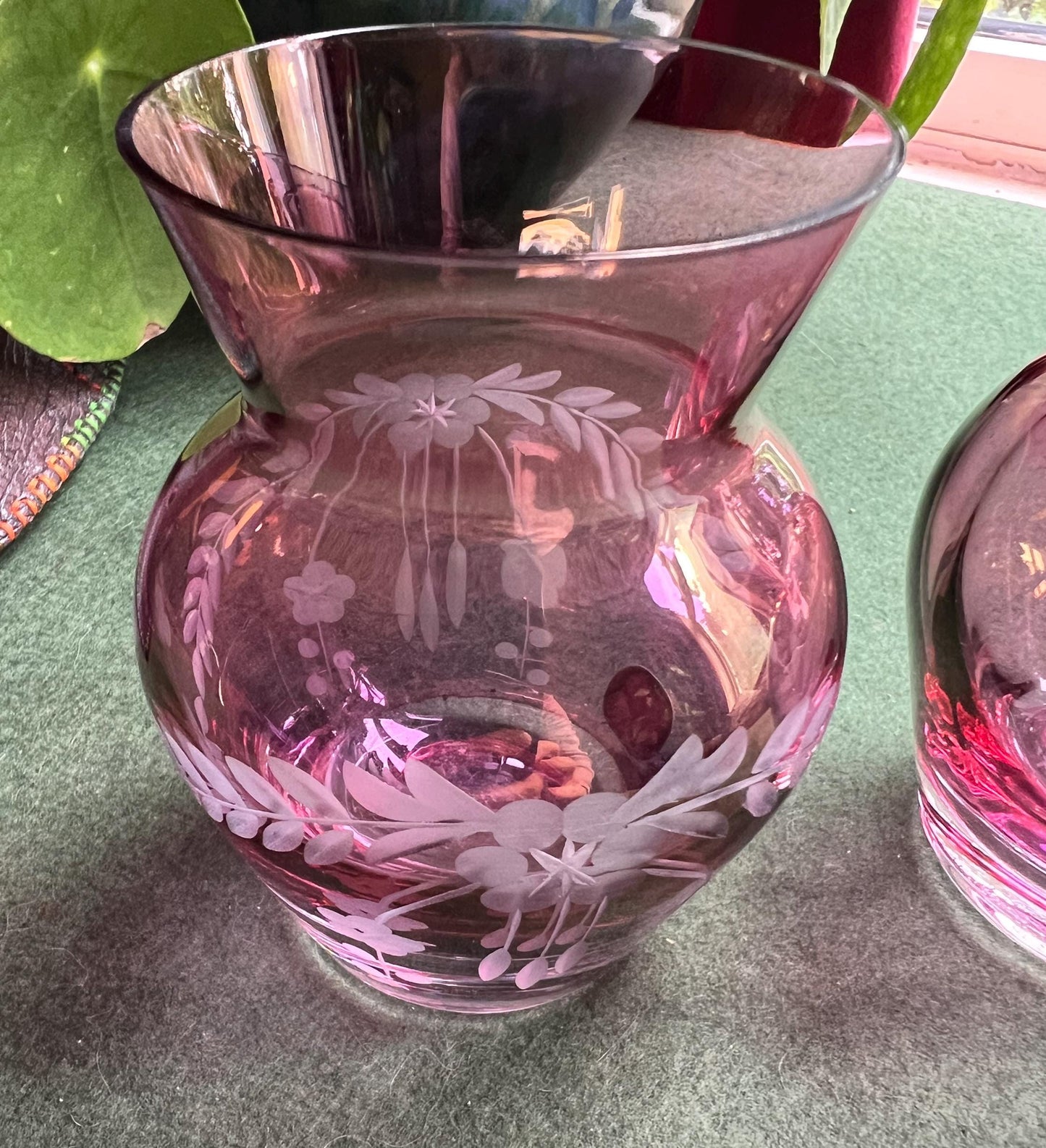 Cranberry glass posy vase. Bohemian crystal pink glass vase. Etched pink bud vase. Pink posy vase. Original sticker. Bohemian Glass crystal.