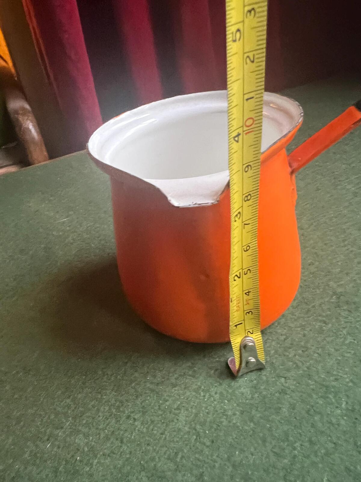 Vintage orange enamel Turkish coffee pot. Made in Poland. Butter Milk Warmer.
