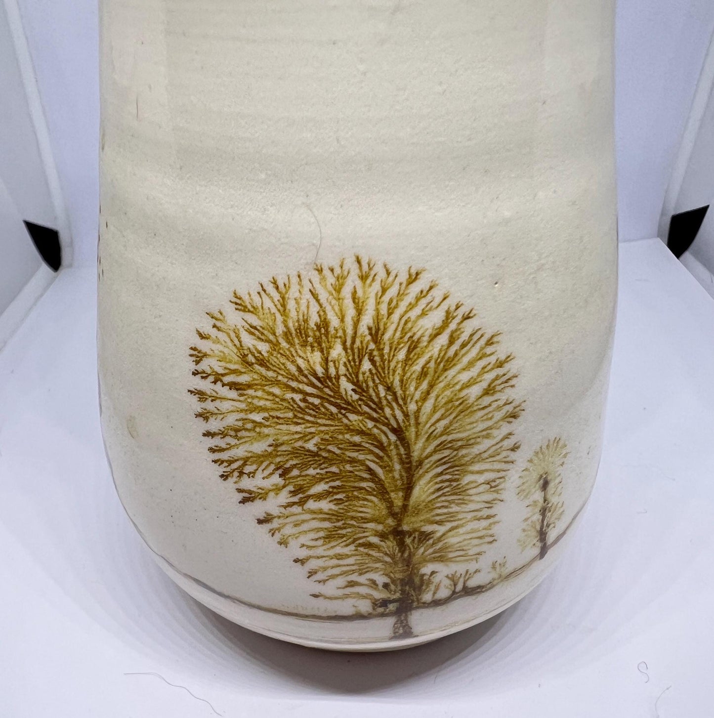 Studio pottery Mochaware lidded pot Cream glaze with tree design.
