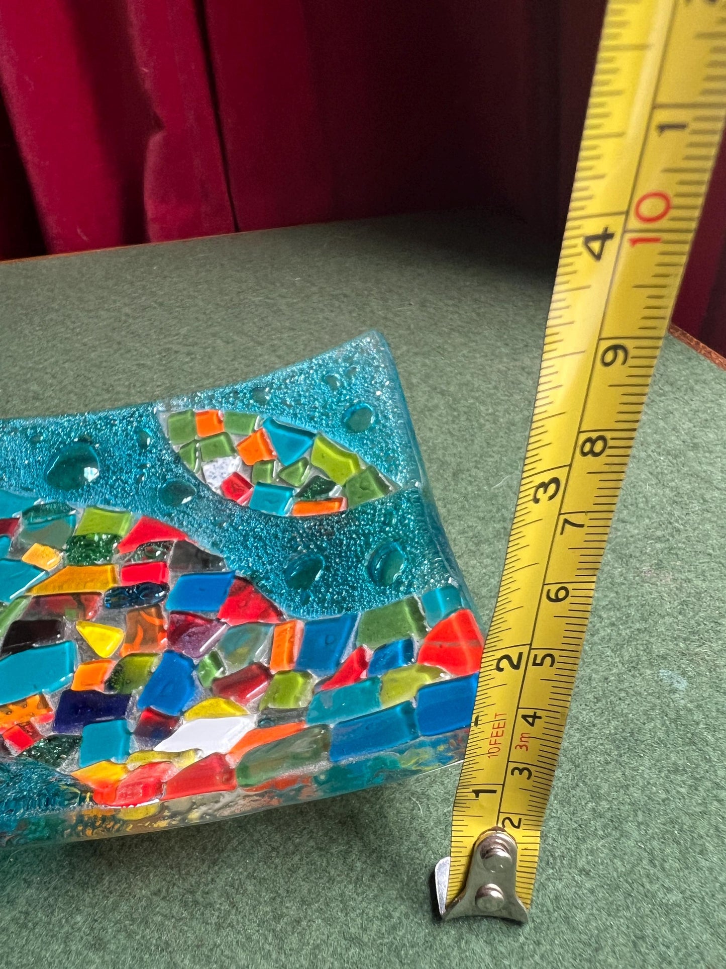 Fused glass trinket serving bowl. Colourful confetti glass on blue base.