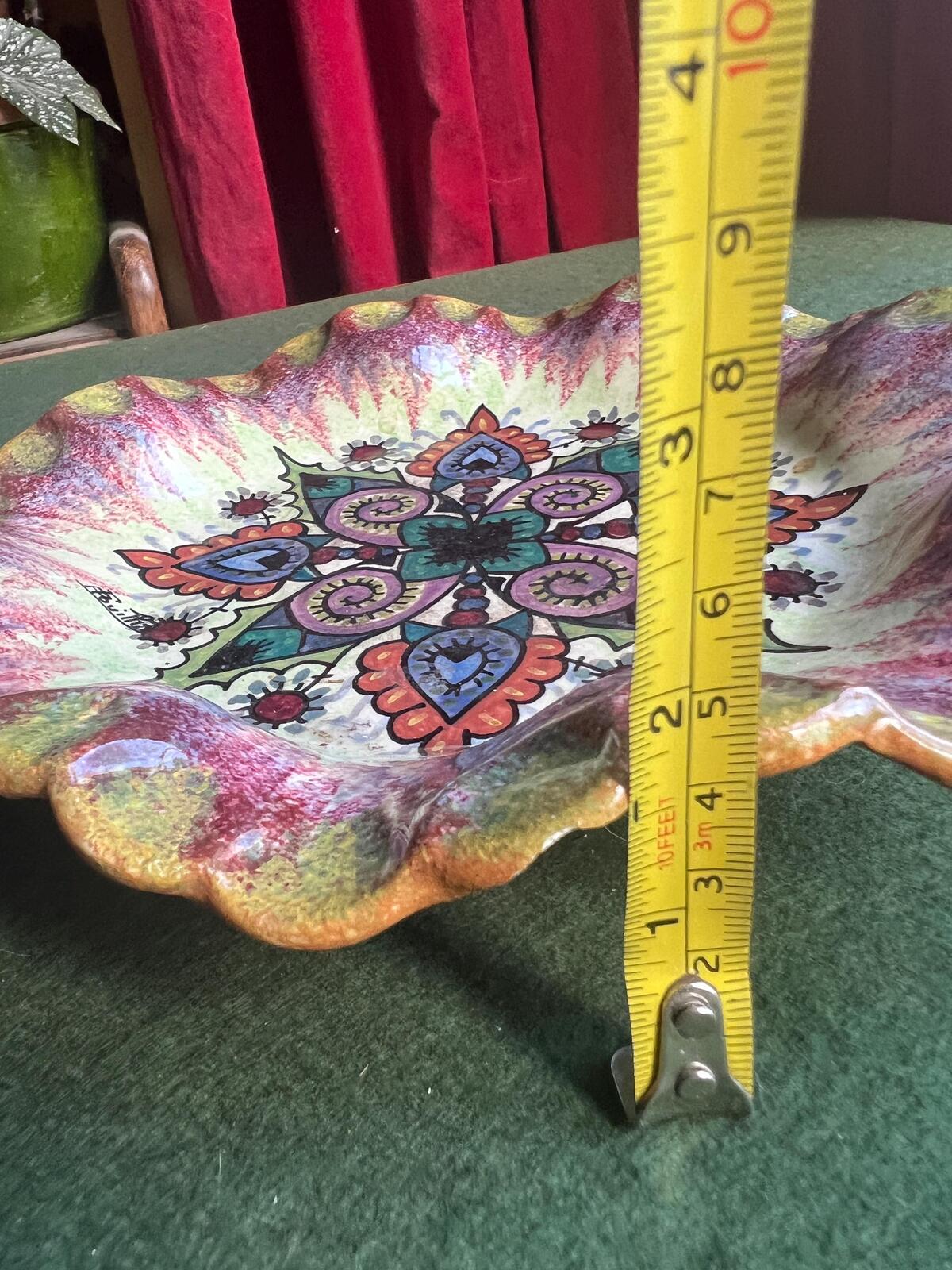 Decorative faience plate. Signed Paul Fouillen Quimper France. Hand-painted floral mandala motif scalloped rim. Gallery wall decor.