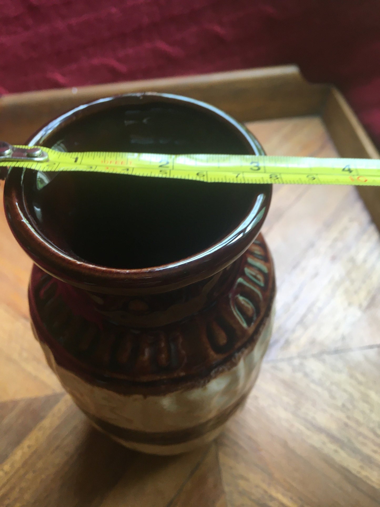 West German ceramic posy vase. Brown and cream stripe flower vase.