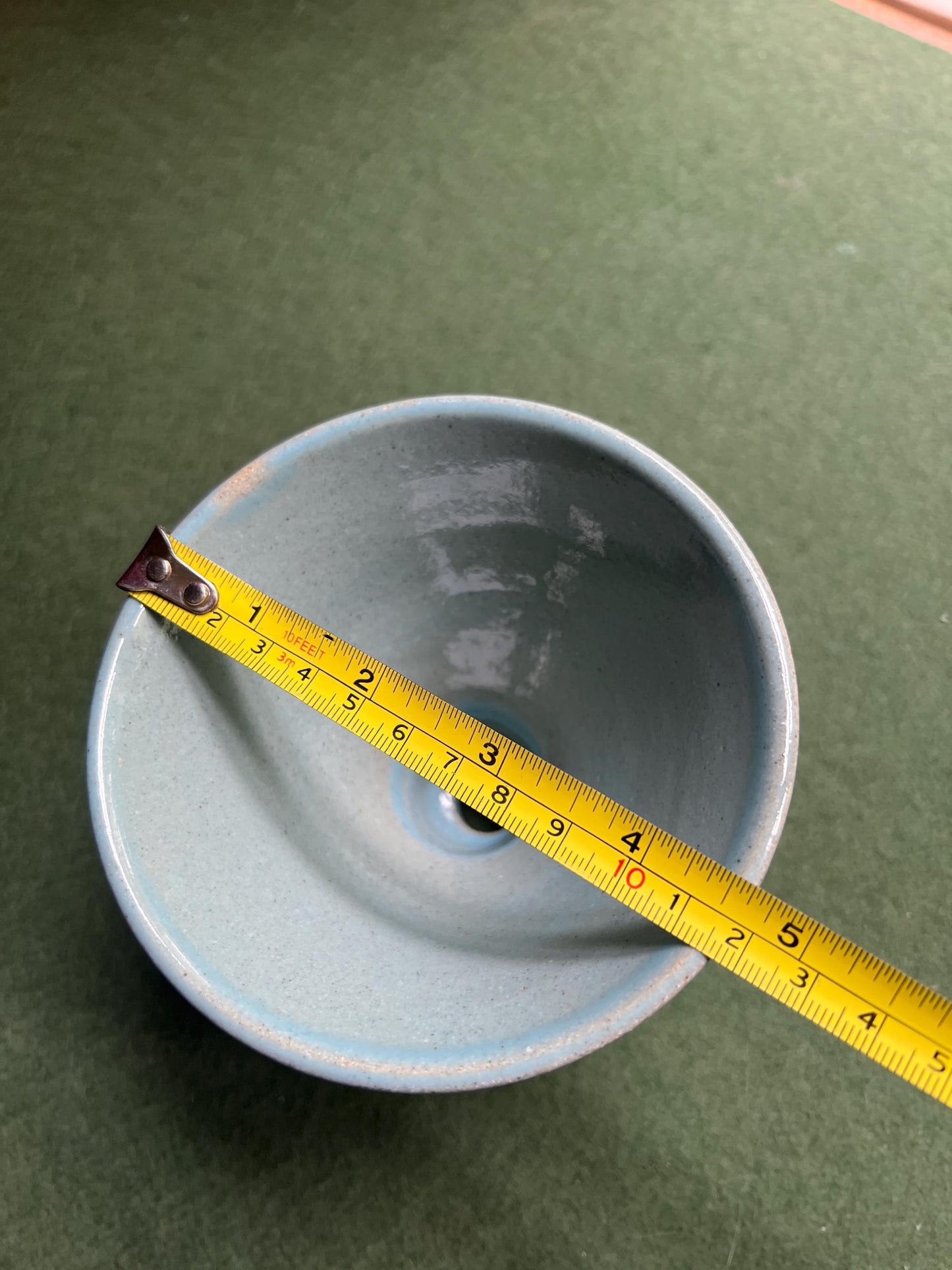 Studio pottery coffee filter holder. Blue grey glaze hand thrown ceramic pour over coffee dripper. Stamped miczka.
