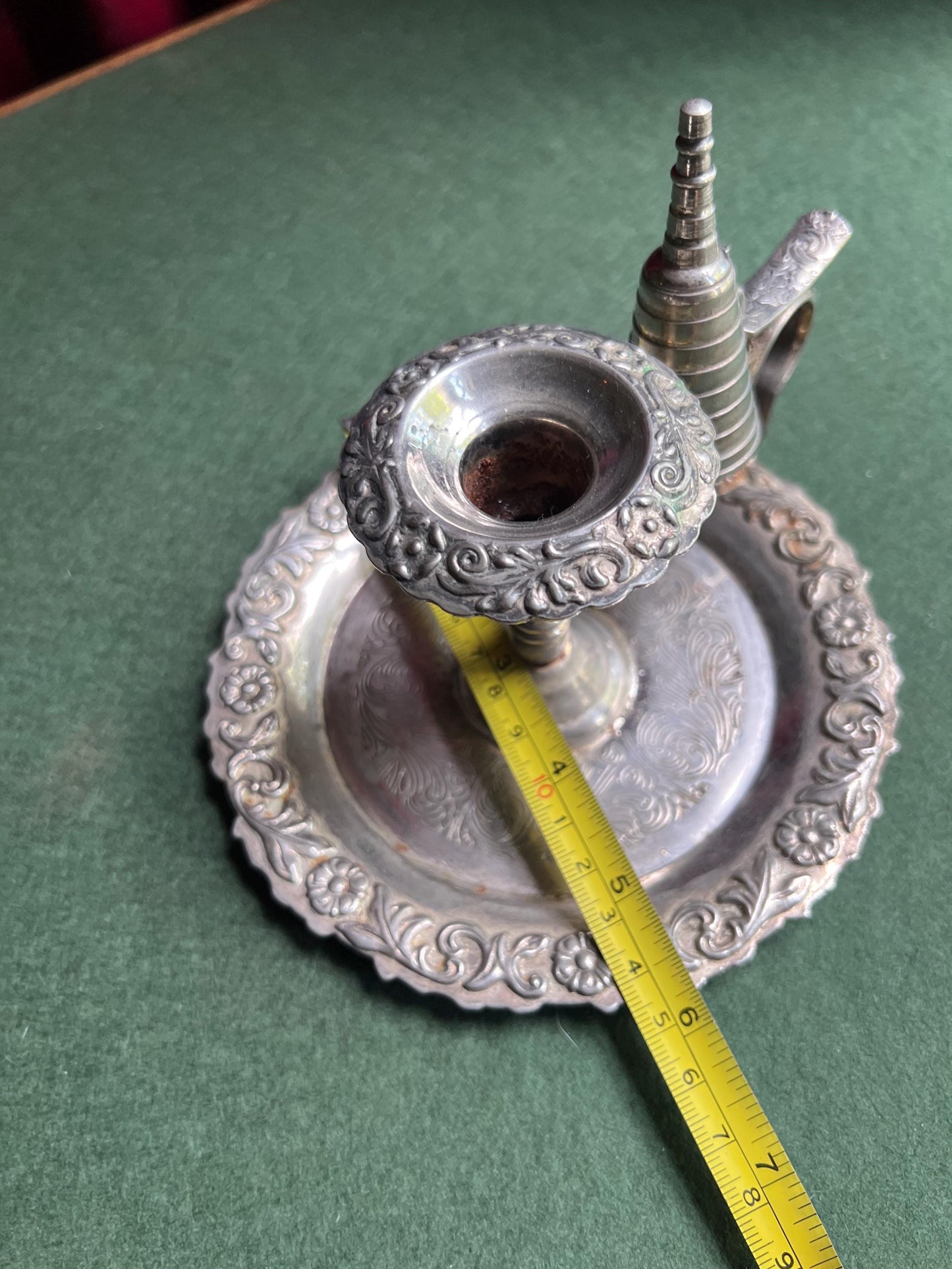 Vintage silver tone candle holder with snuffer.