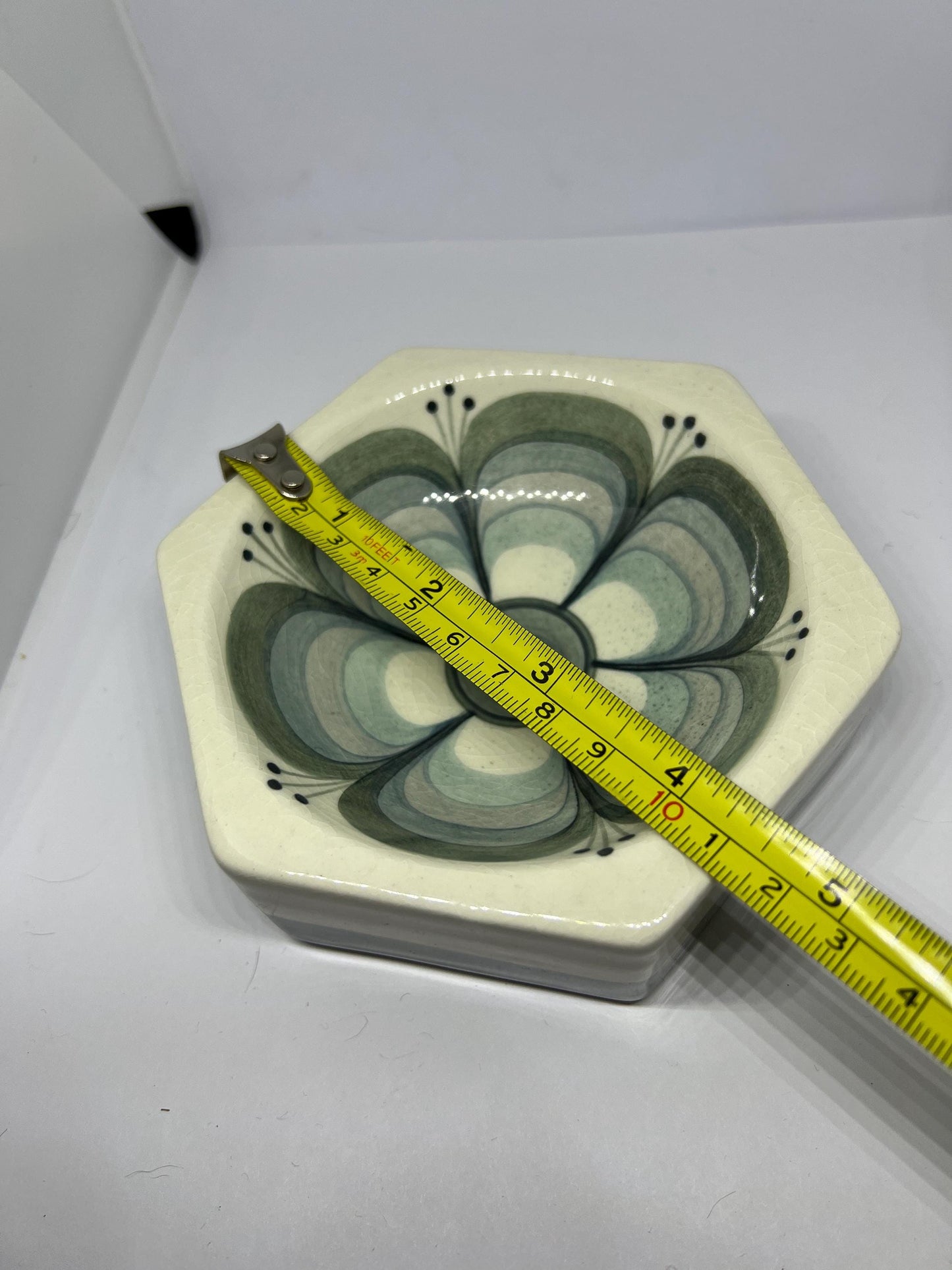Hexagonal ceramic trinket dish. Signed Jersey pottery.