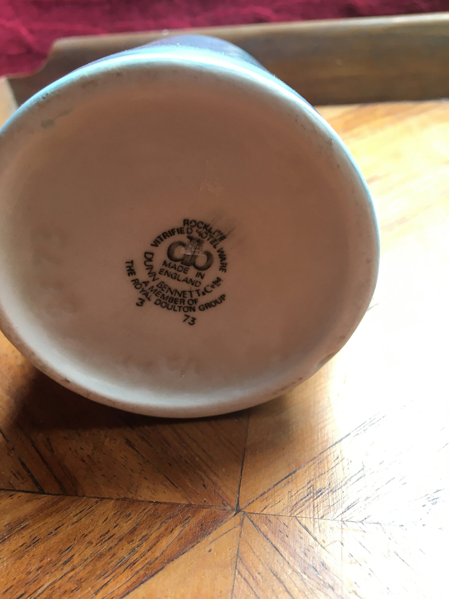 Pale blue milk jug creamer. Hotel ware Rocklite Dunn Bennet and Co.