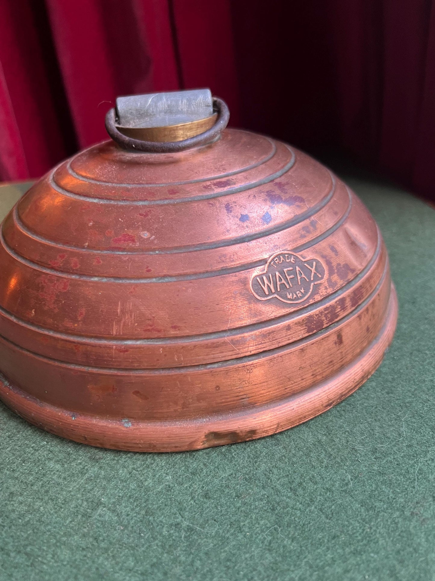 Antique copper bed warmer with screw top. Stamped Trade Mark Wafax.