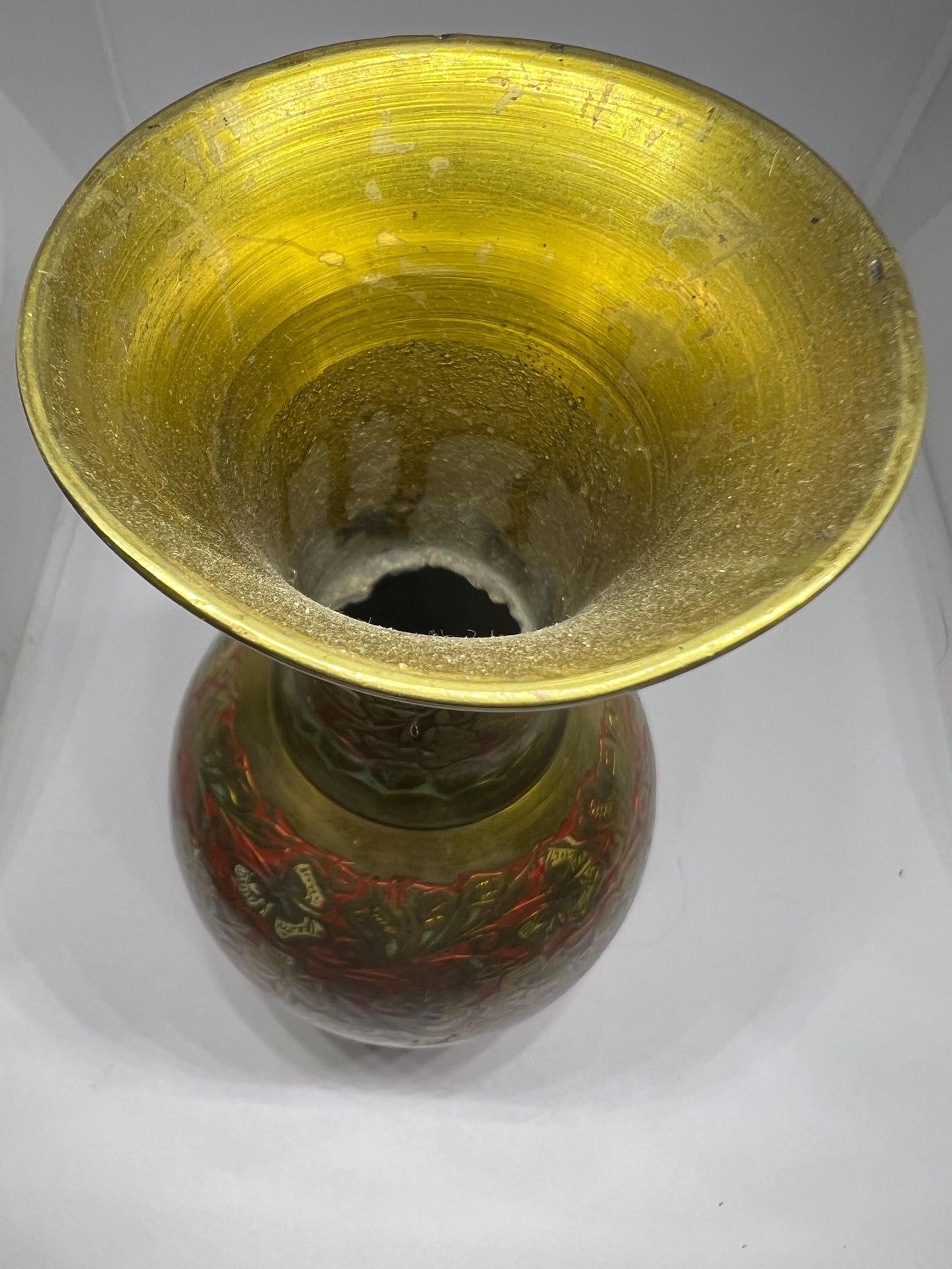 Vintage brass enamel ornamental vases. 2 available.