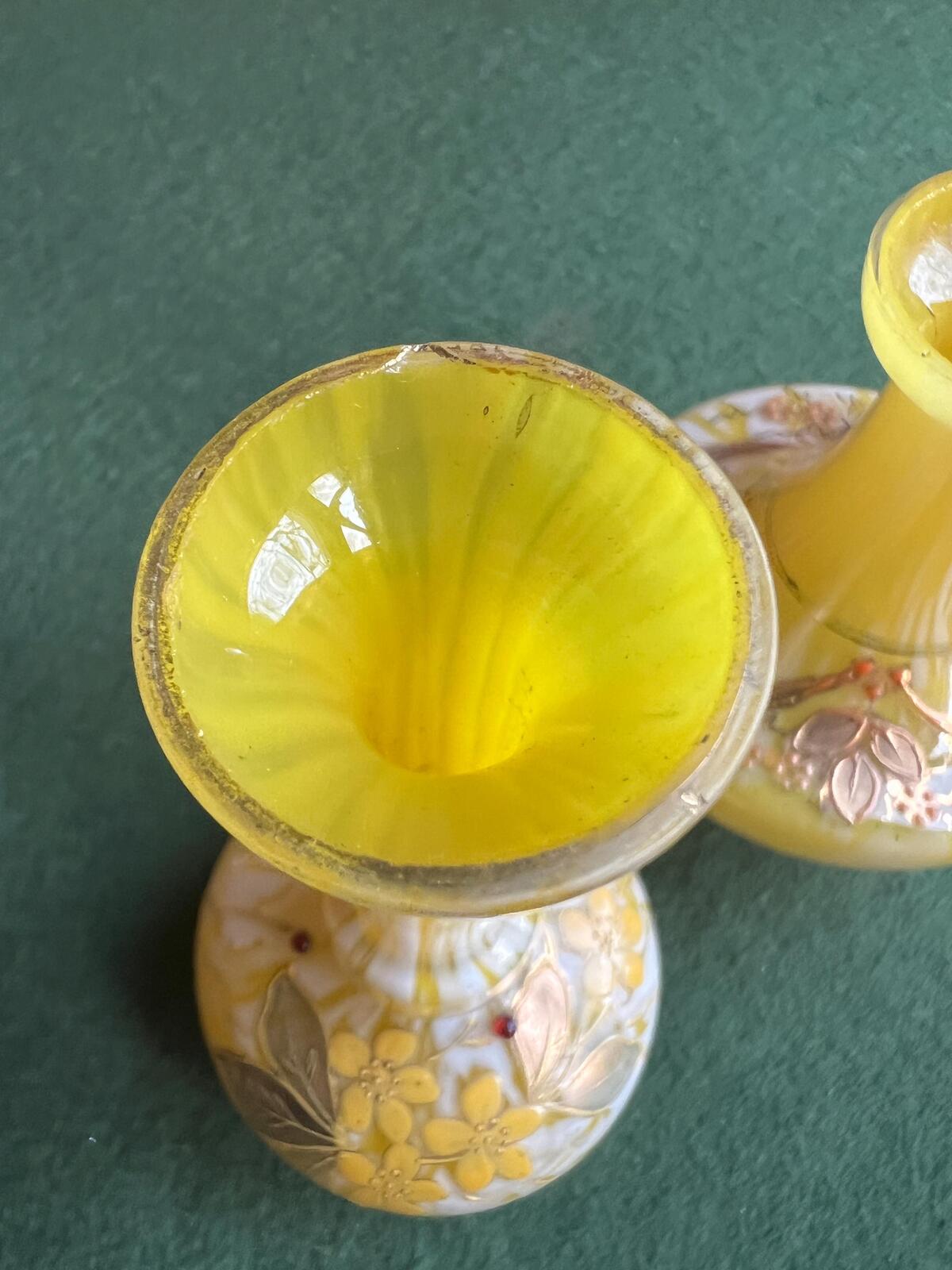 Pair of Welz Bohemian Lemon Yellow & White Spatter Glass Vases. Hand painted gold enamel details. Antique glass collector gift.