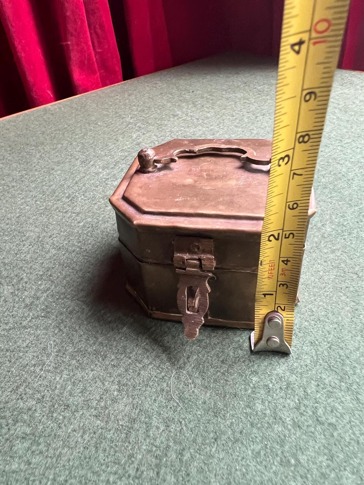 Antique Vintage brass octagonal lidded box. Great patina. Hinged trinket stash box with handle and clasp.