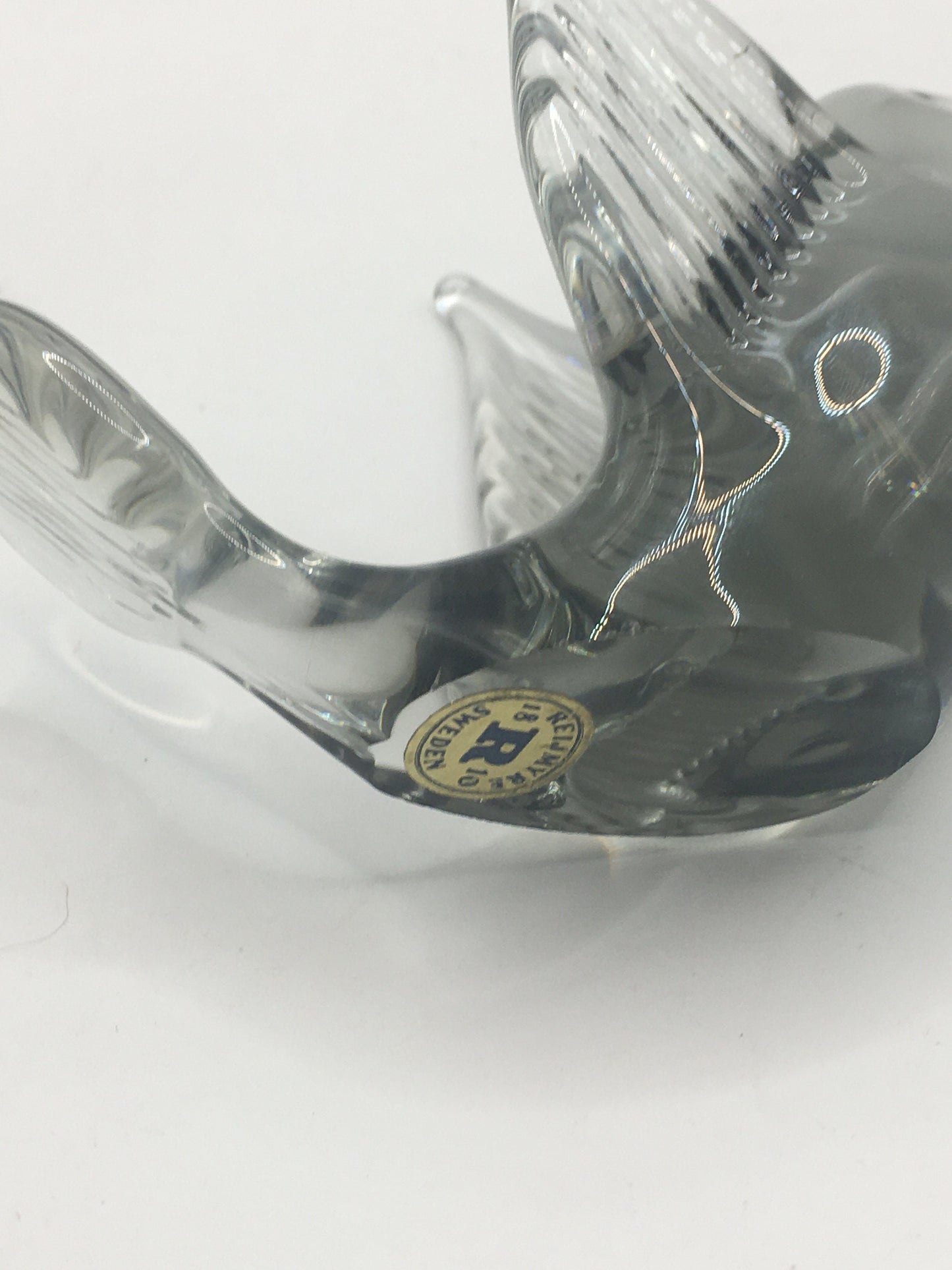 Swedish glass bird. Beautiful Hand blown art glass bird. Reijmyre glass Sweden. Smoky grey flying bird paperweight. Baby bird figurine.