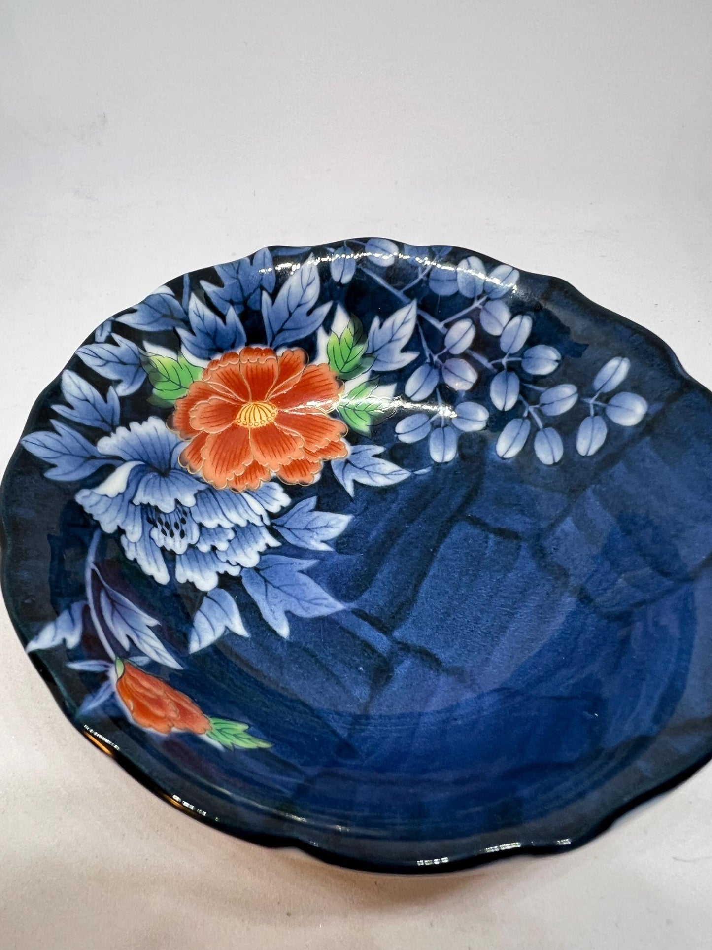 Trinket bowl Blue floral ring disk Hand painted orange flower dish
