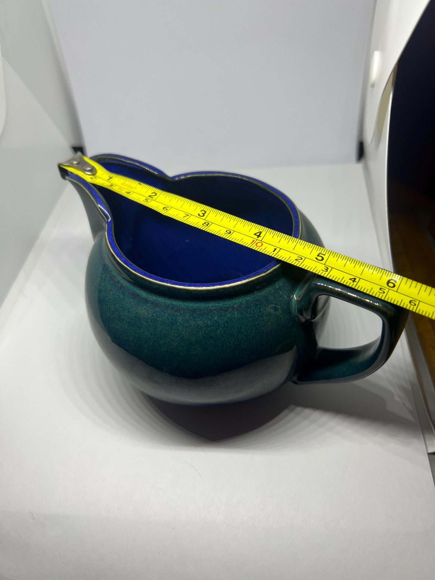 Vintage Denby Metz Milk Jug creamer. Green glazed outer with blue glaze inside.