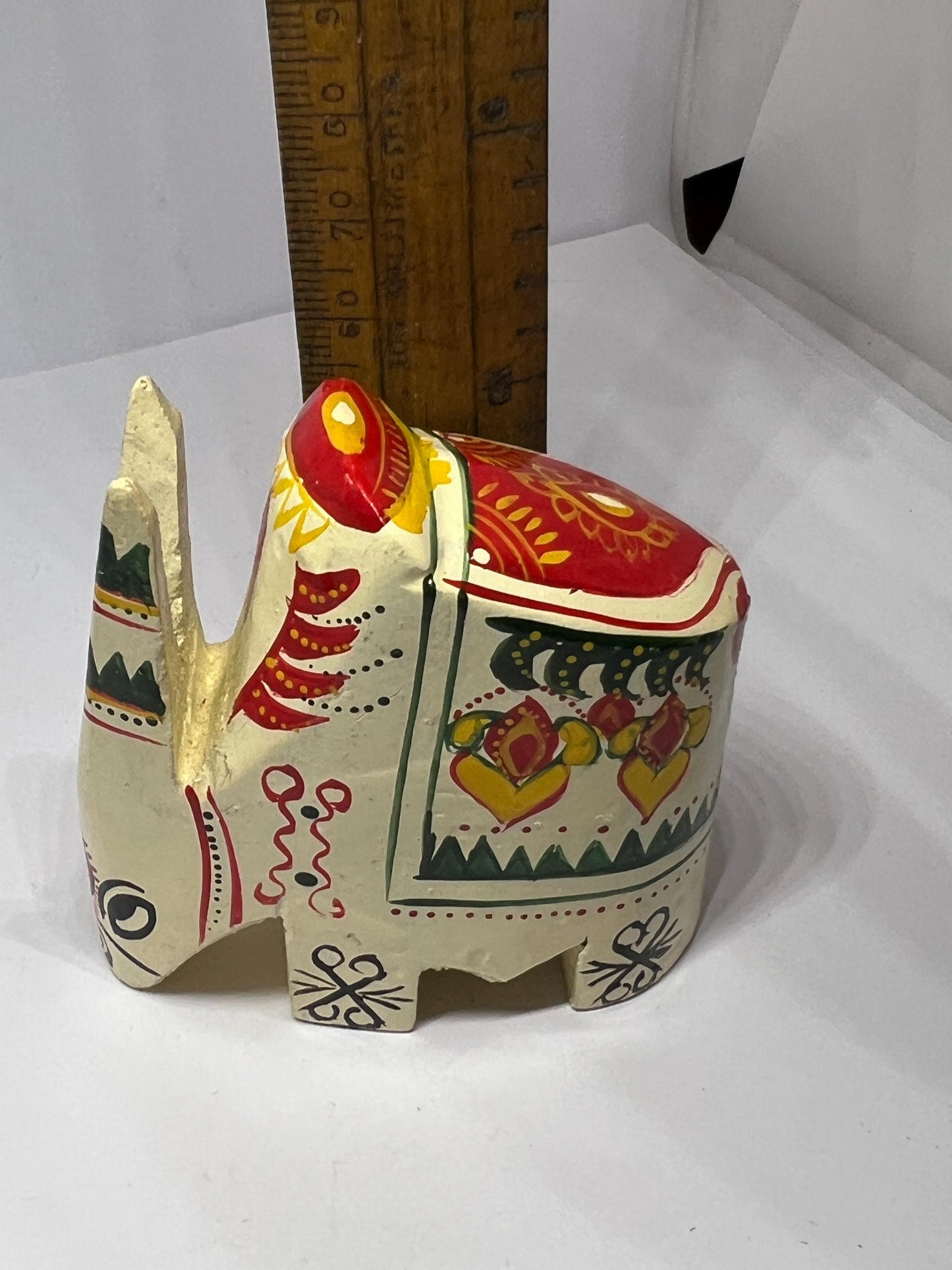 Folk art elephant figurine. Sri Lankan decorative hand painted elephant.