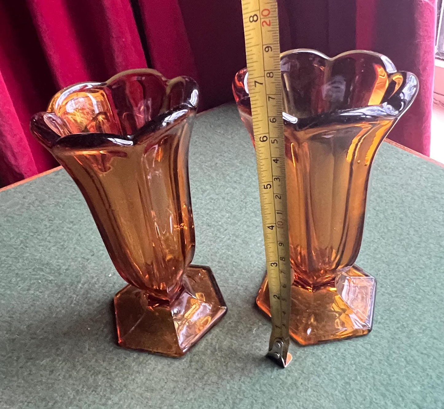 Art Deco Amber glass vase. Tall sundae dishes.