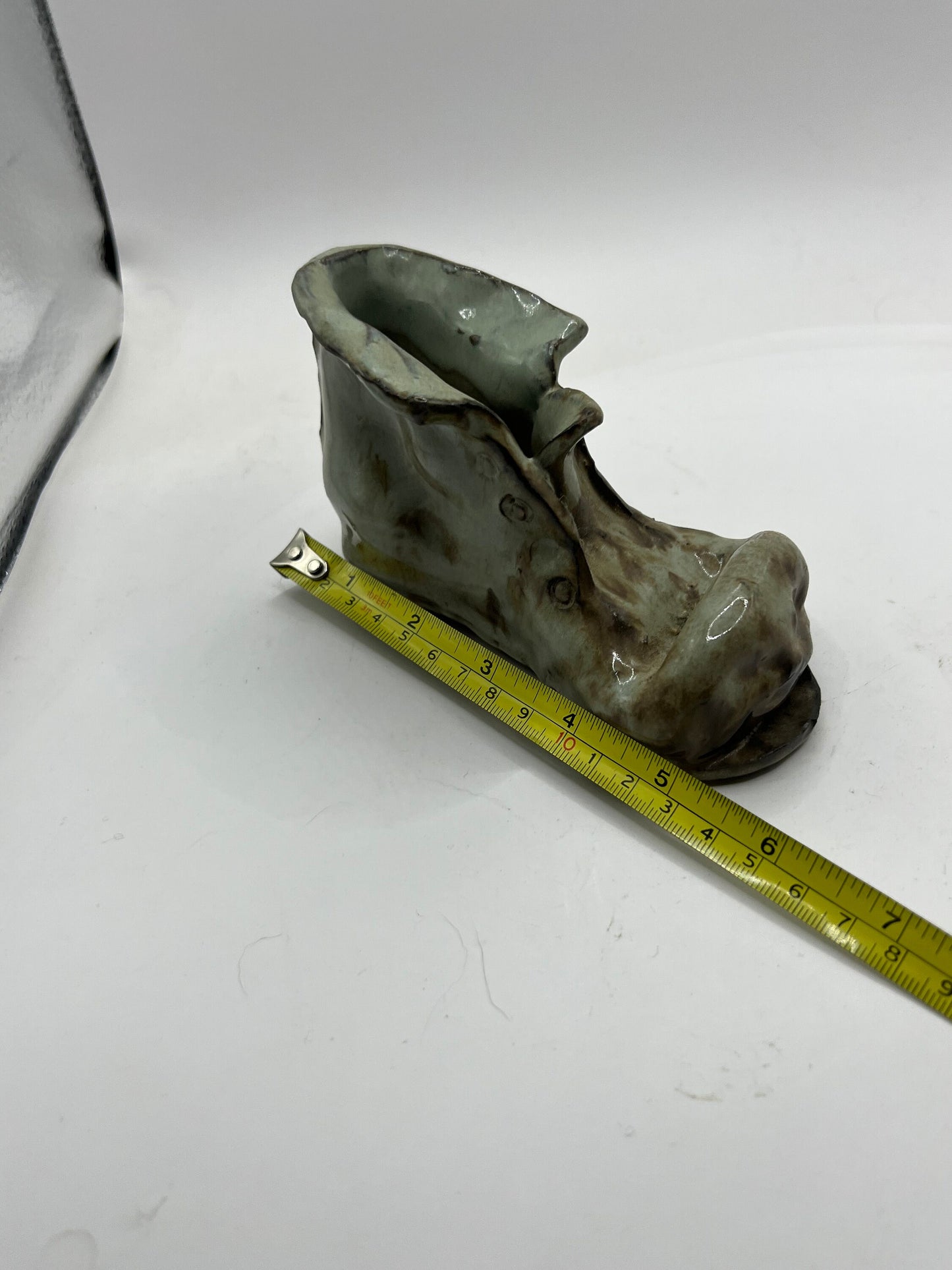 Quirky Studio pottery old boot planter. Signed. Grey green brown glaze.