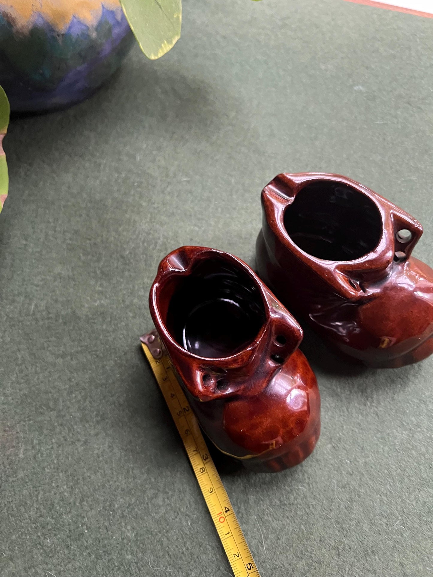 Vintage ashtray boots. Deep brown glaze.
