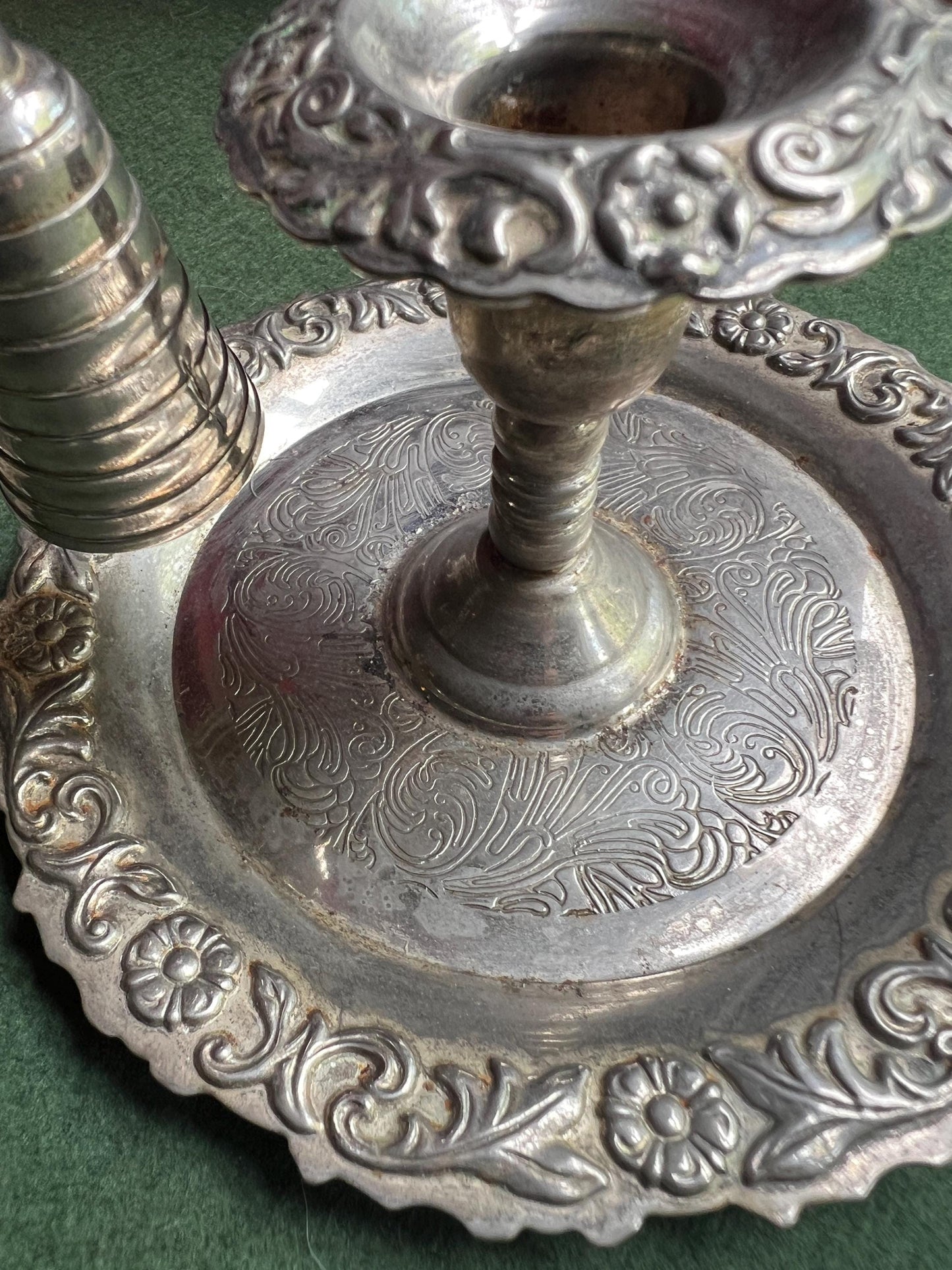Vintage silver tone candle holder with snuffer.