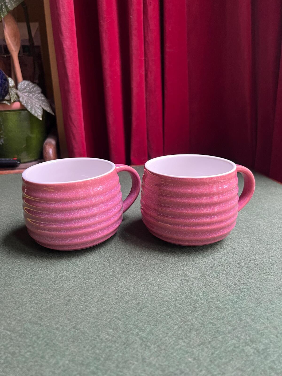 Pair of pink glaze coffee tea mugs. The Old Pottery Company,