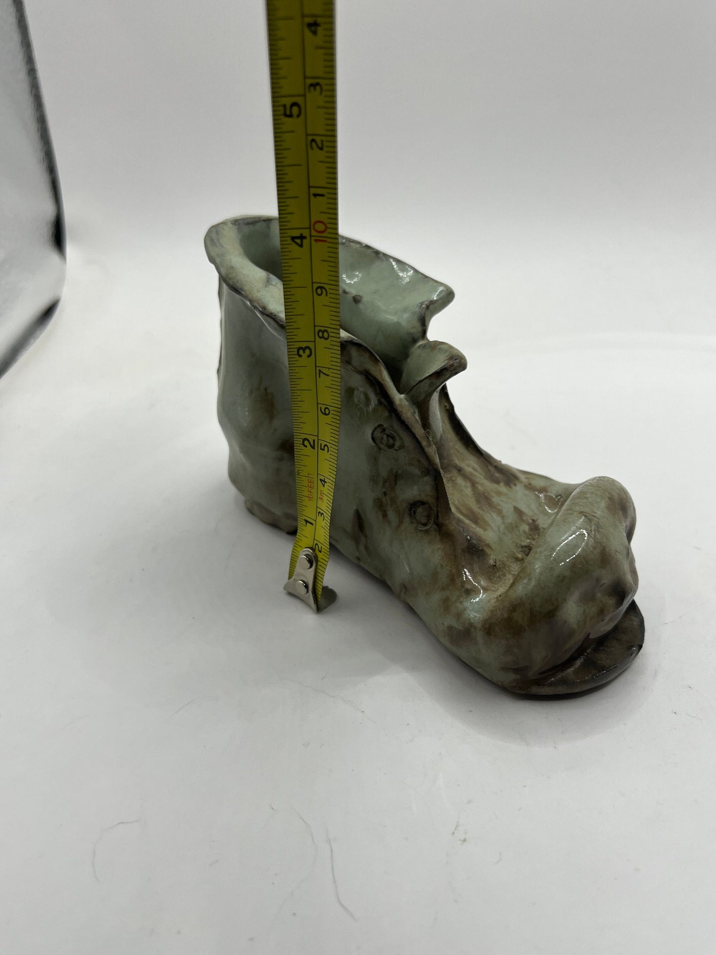 Quirky Studio pottery old boot planter. Signed. Grey green brown glaze.