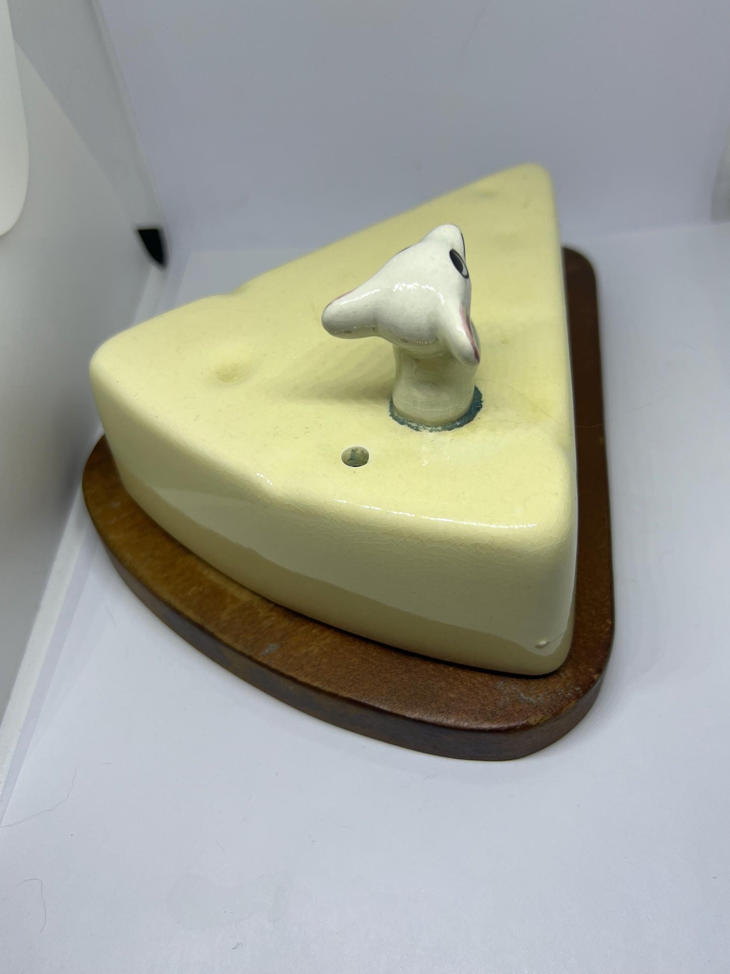 Retro ceramic wood covered cheese dish with kitsch mouse.