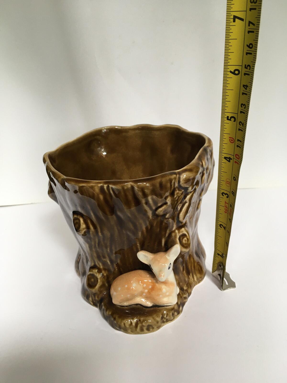 Vintage Sylvac Tree stump planter with fawn. 4287 with original sticker. Quirky vase utensil holder for a vintage kitchen.
