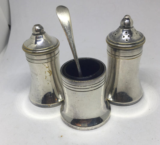 Vintage Cruet set, Small silver plated salt pepper mustard cruet set with tiny spoon.