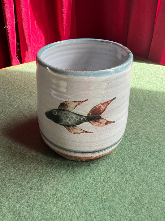 Studio pottery beaker planter. Hand painted fish design Signed Lamorna pottery.