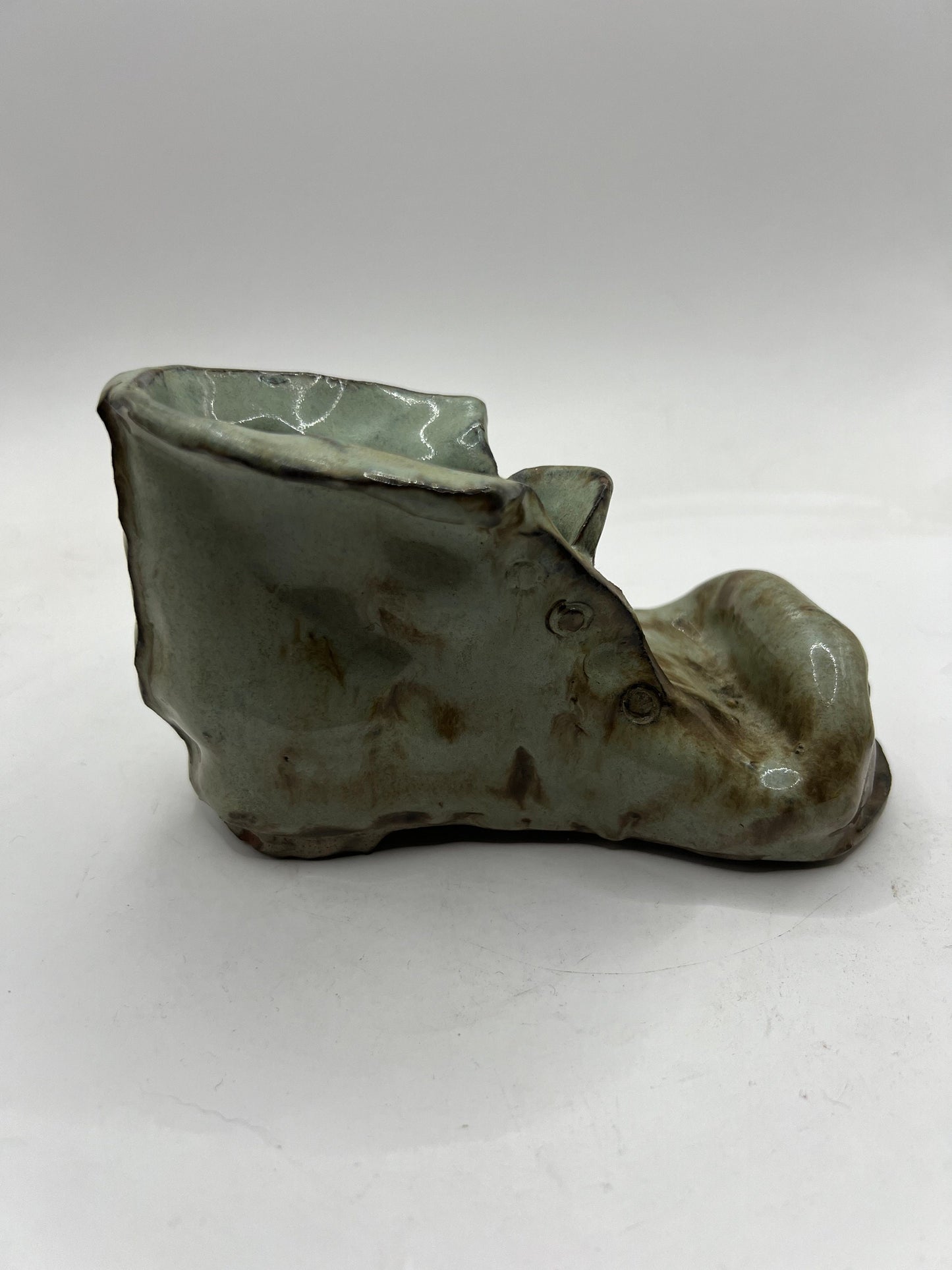 Quirky Studio pottery old boot planter. Signed. Grey green brown glaze.