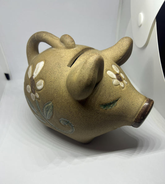 Vintage stoneware piggybank. Cute studio pottery sleeping piglet money bank