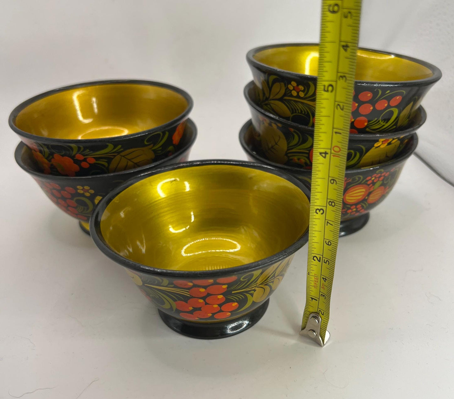 Set 6 wooden lacquered Khokhloma bowls. Made in USSR original stickers.