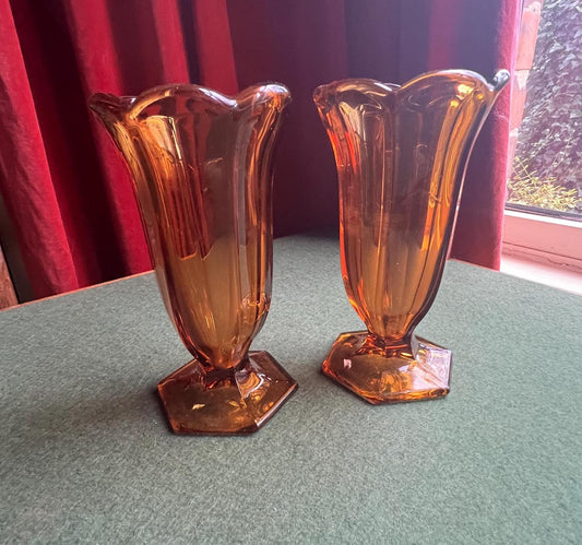 Art Deco Amber glass vase. Tall sundae dishes.