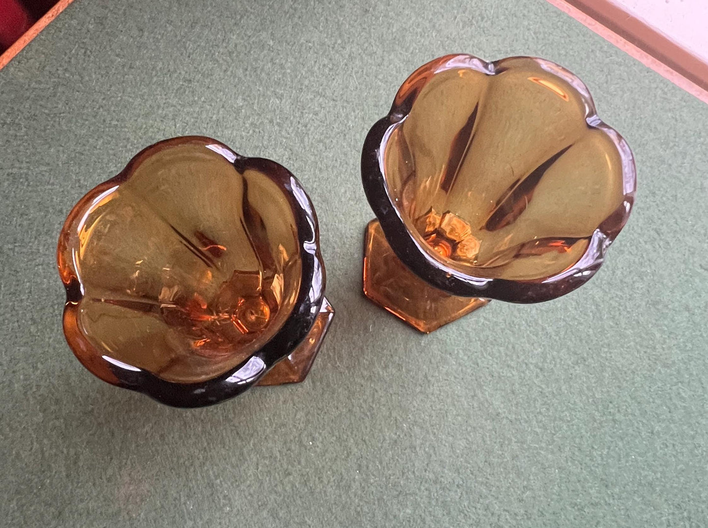 Art Deco Amber glass vase. Tall sundae dishes.