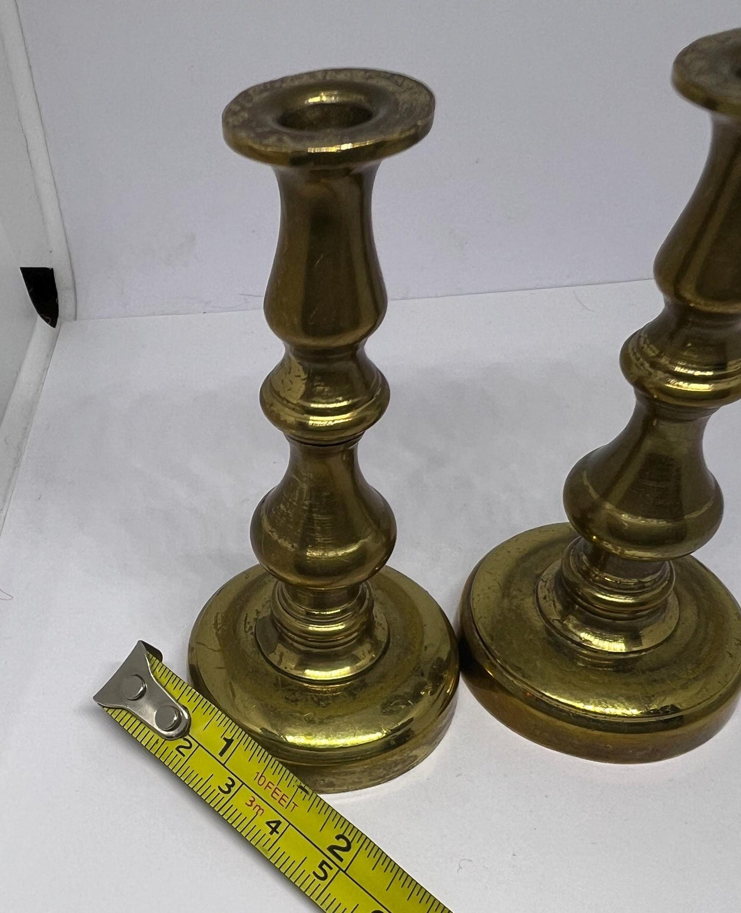 Vintage small brass pillar taper candle candlesticks. Miniature brass candle holders. Brass lovers gift.