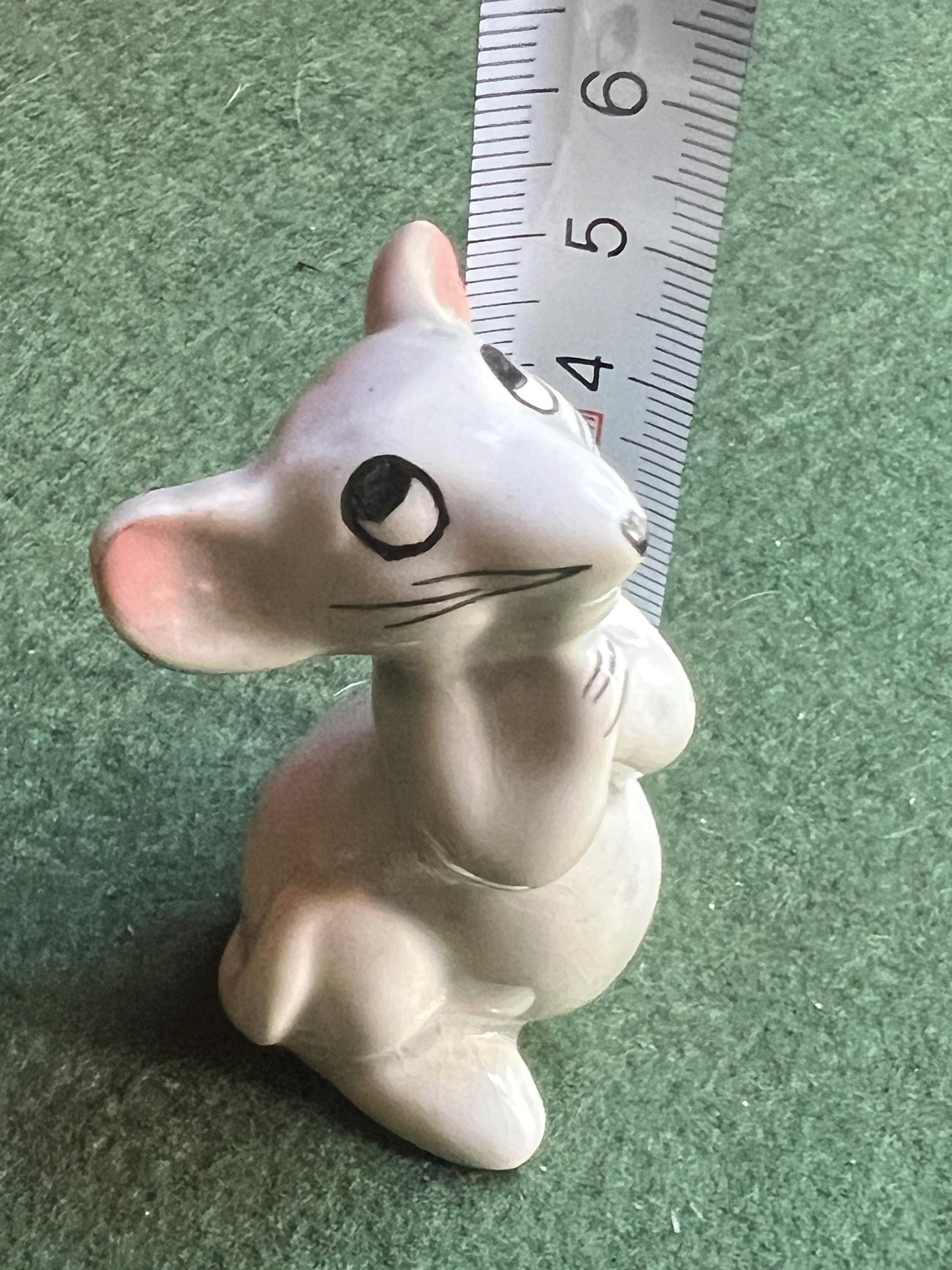 Quirky Vintage ceramic mouse figurine. Hand painted white mouse with pink details.