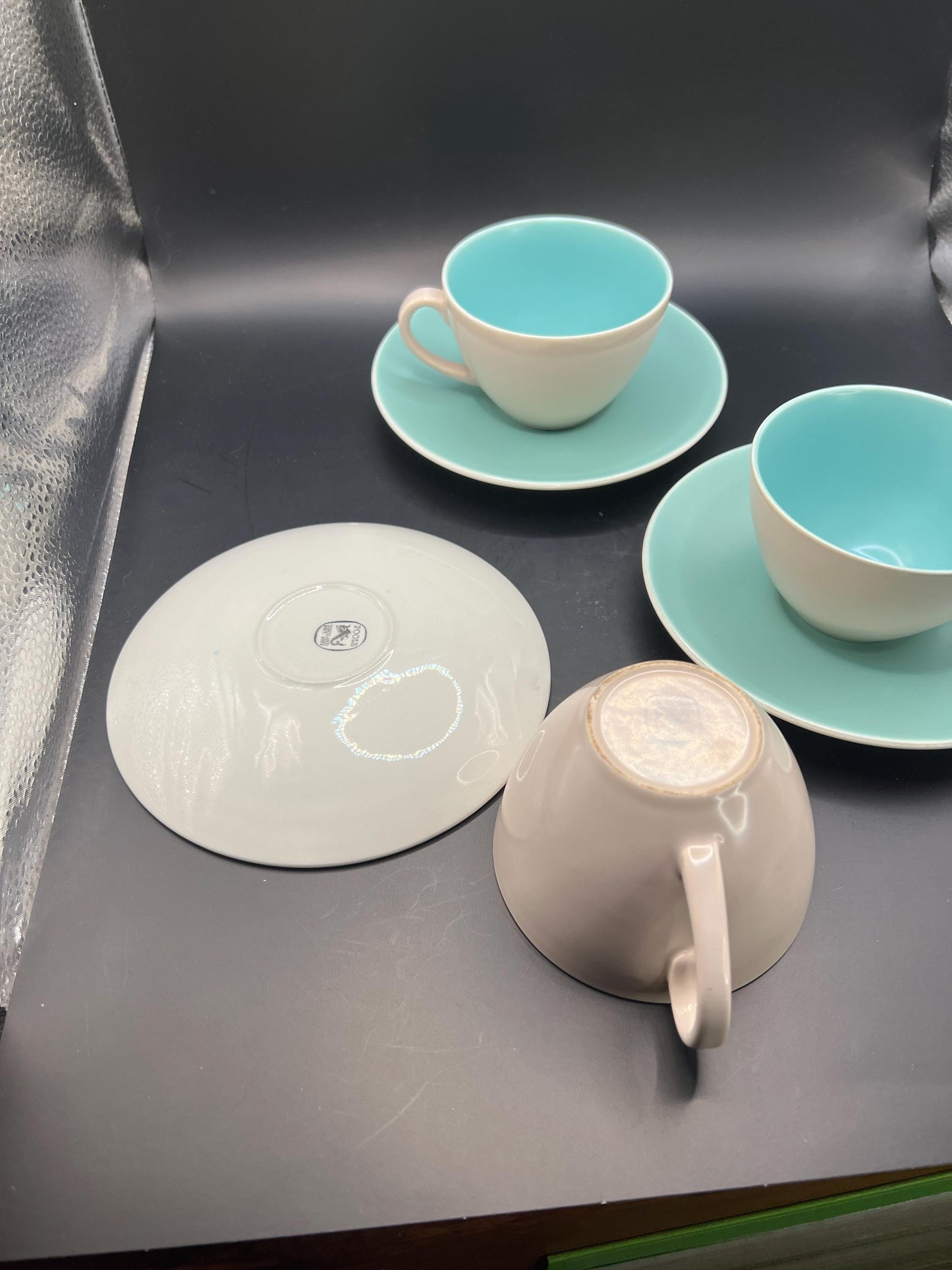 Poole pottery Ice green mushroom twintone ceramic cups matching saucers. 3 available.