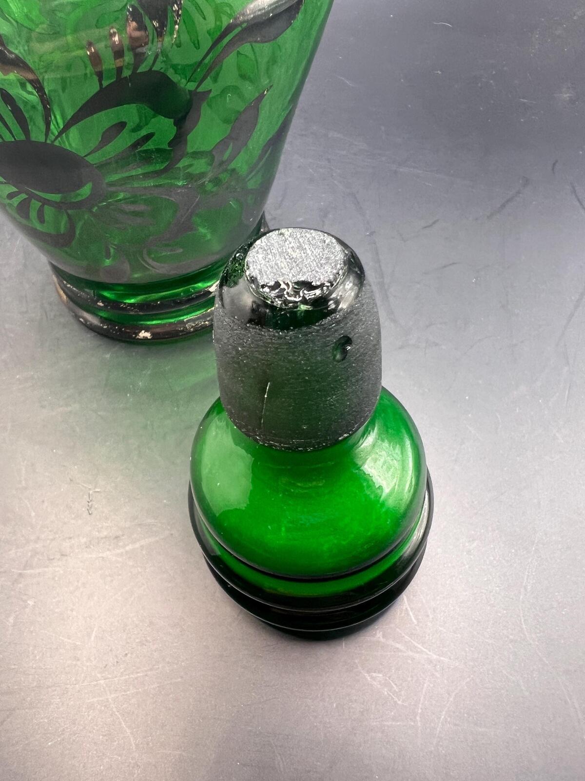 Antique Art Nouveau Emerald Green Glass Decanter with floral silver overlay and original stopper.