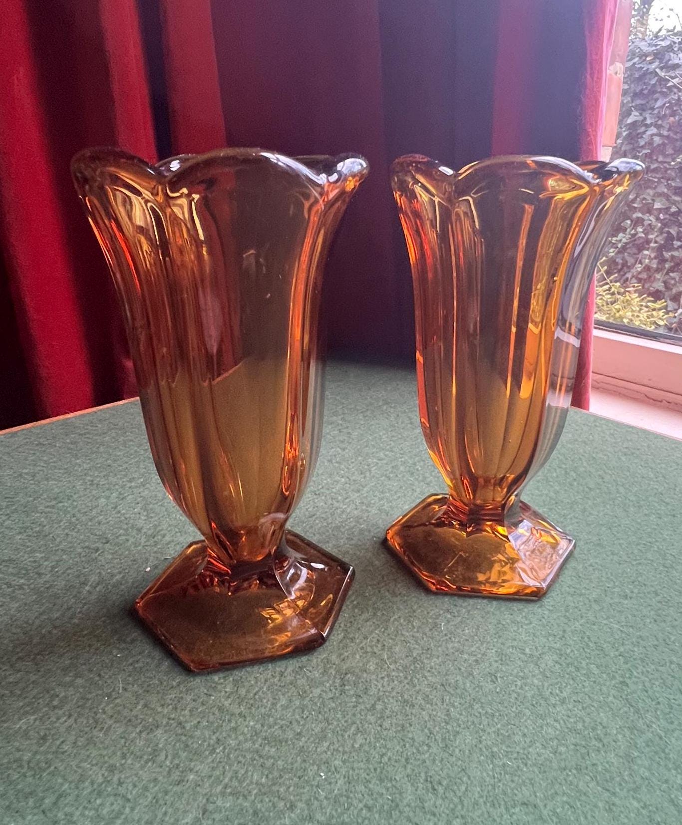 Art Deco Amber glass vase. Tall sundae dishes.