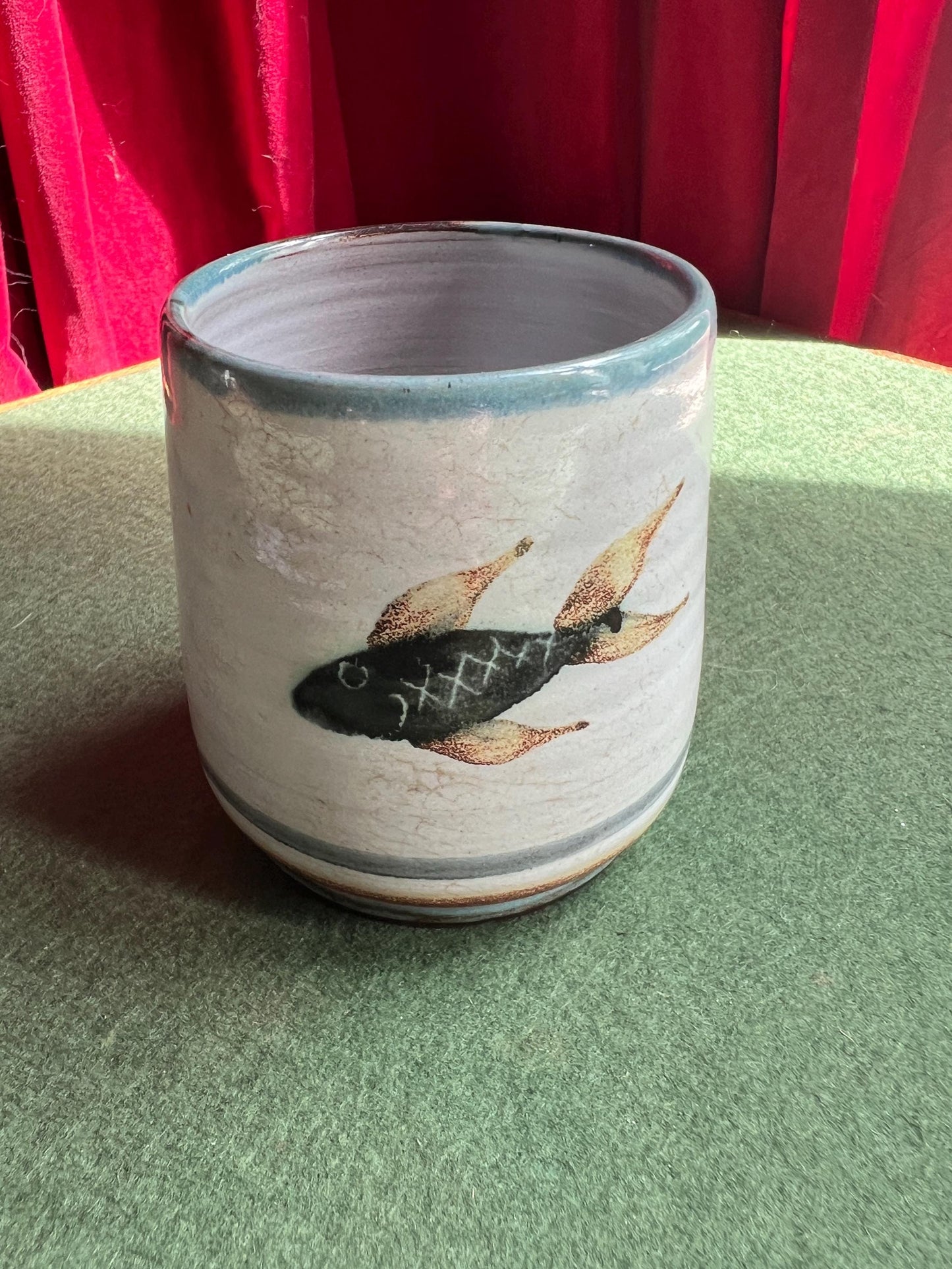 Studio pottery beaker planter. Hand painted fish design Signed Lamorna pottery.