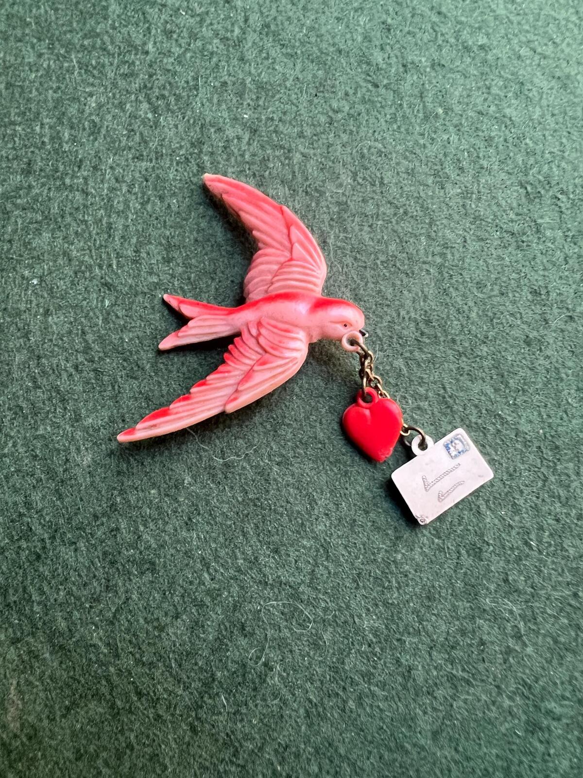 Vintage celluloid swallow bird brooch. Red bird with heart and envelope. Jewellery lover gift.