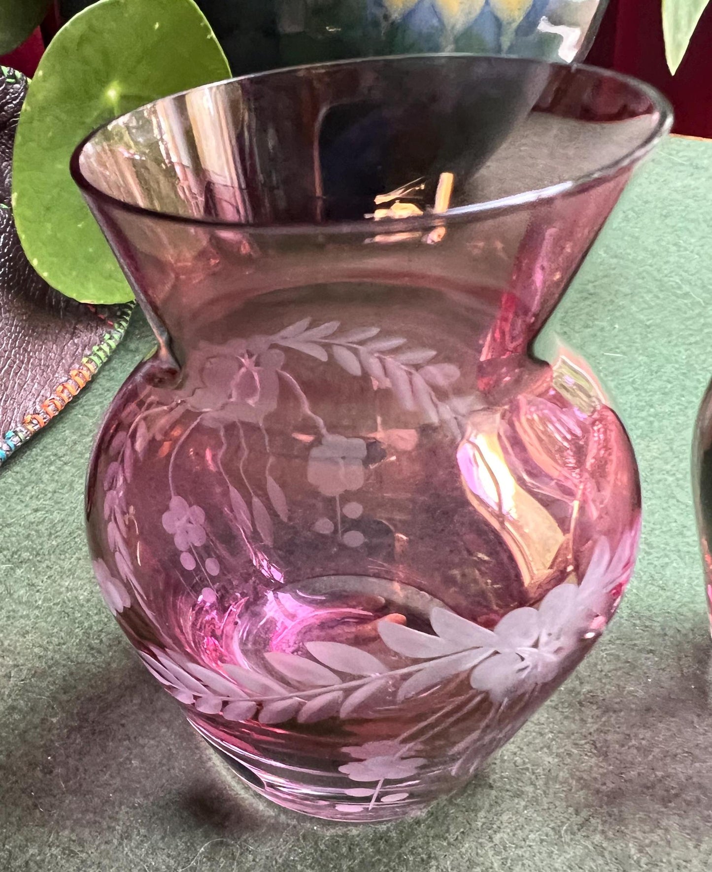 Cranberry glass posy vase. Bohemian crystal pink glass vase. Etched pink bud vase. Pink posy vase. Original sticker. Bohemian Glass crystal.