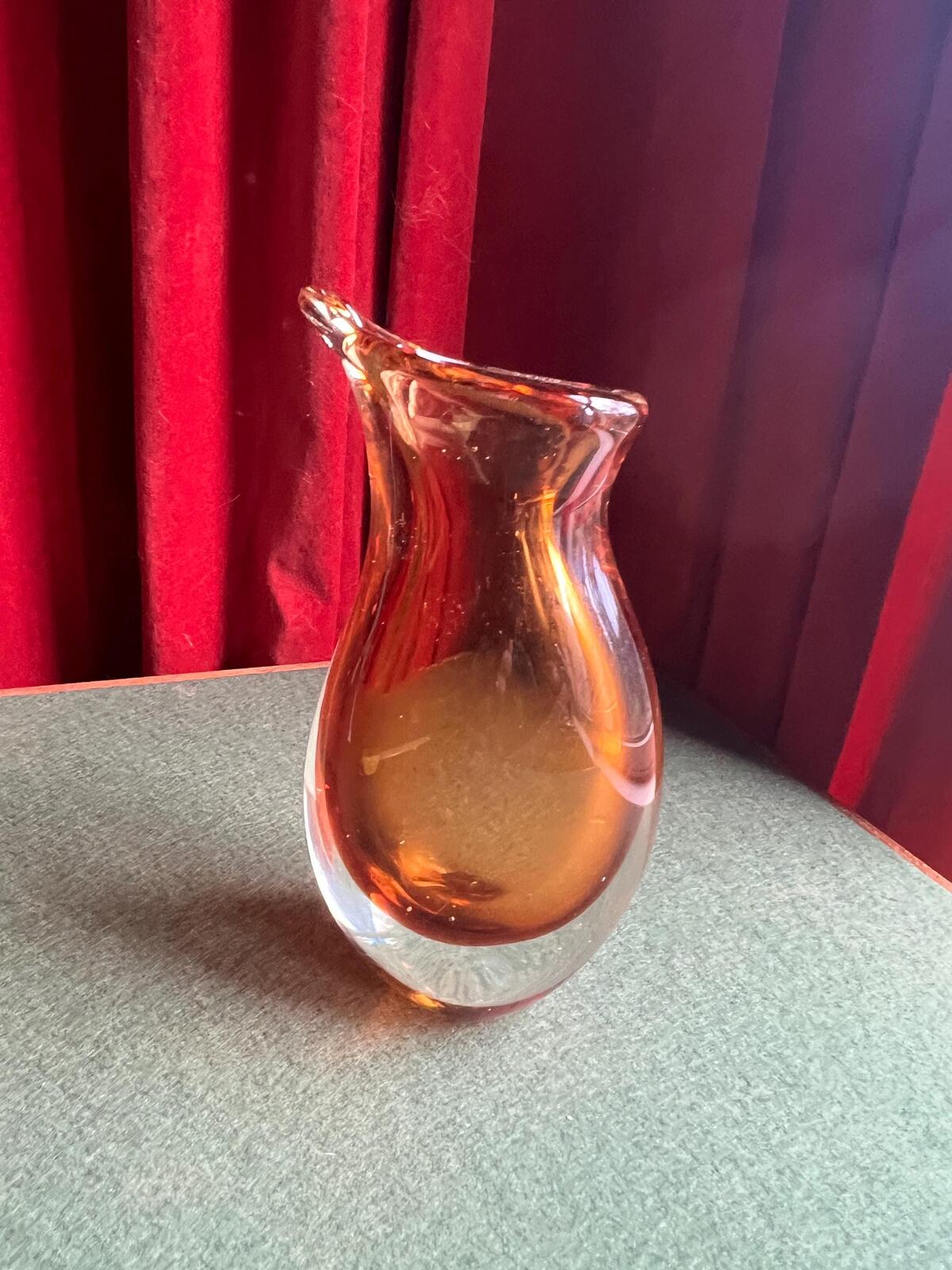 Vintage Sommerso amber and clear glass Murano style fishtail vase.