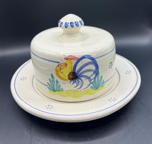 Vintage ceramic lidded cheese butter dish. Hand painted Cockerel decoration.