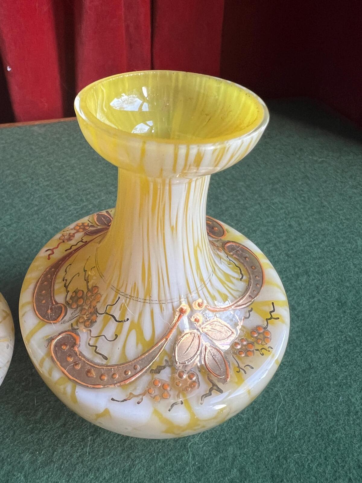 Pair of Welz Bohemian Lemon Yellow & White Spatter Glass Vases. Hand painted gold enamel details. Antique glass collector gift.