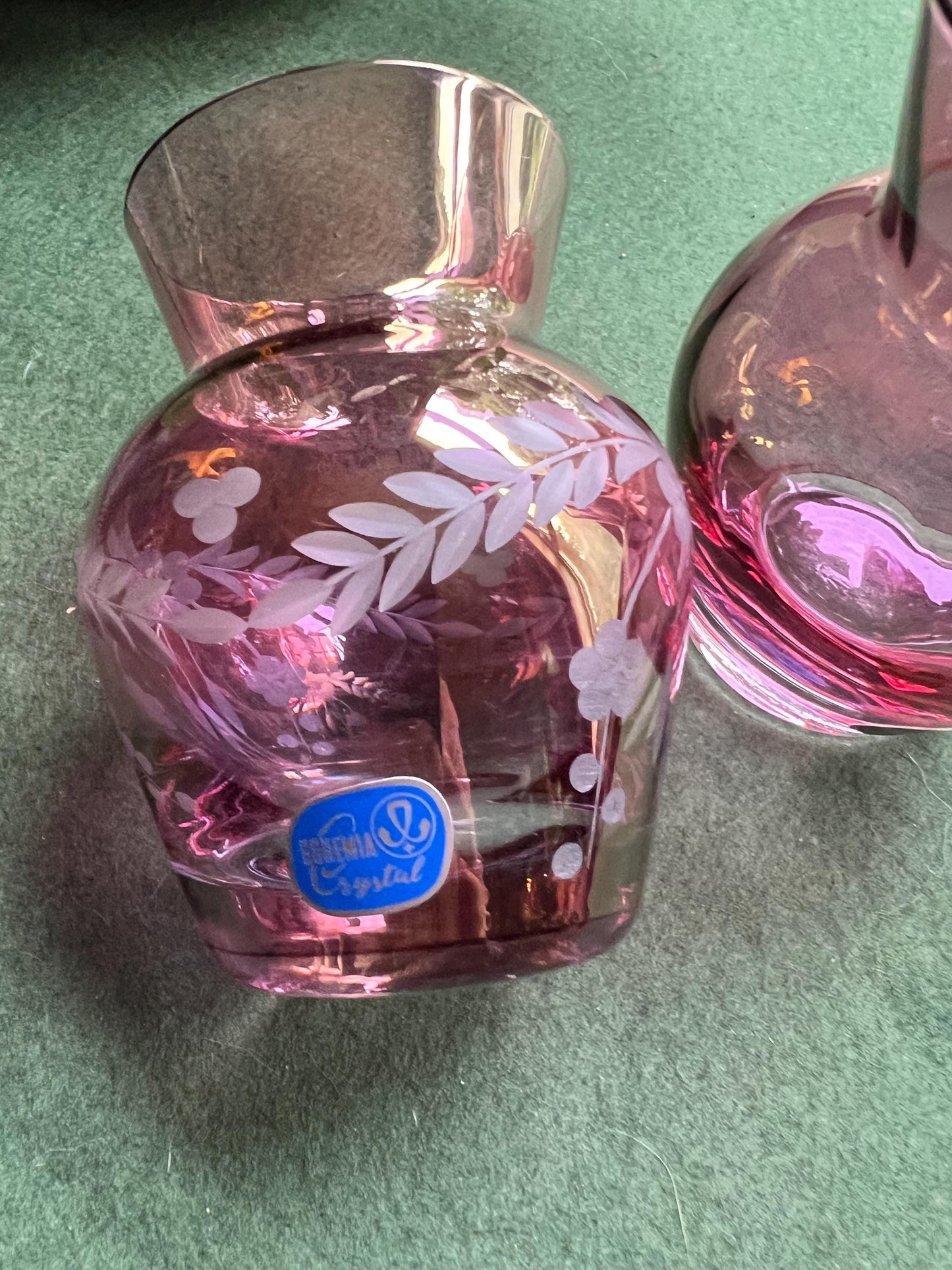 Cranberry glass posy vase. Bohemian crystal pink glass vase. Etched pink bud vase. Pink posy vase. Original sticker. Bohemian Glass crystal.