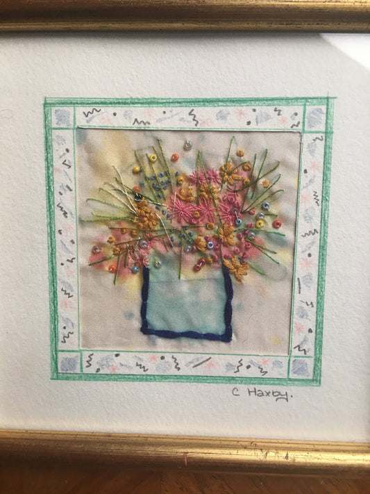 2 Beautiful detailed framed embroidery flower scenes. Signed C Haxby. Portfolio of Yarm.