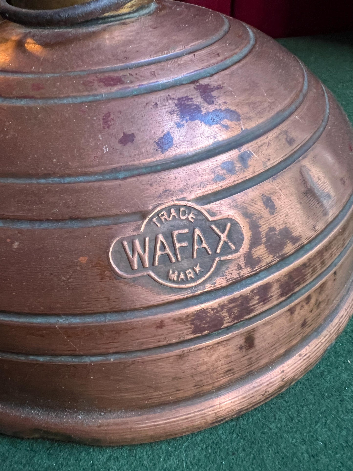 Antique copper bed warmer with screw top. Stamped Trade Mark Wafax.